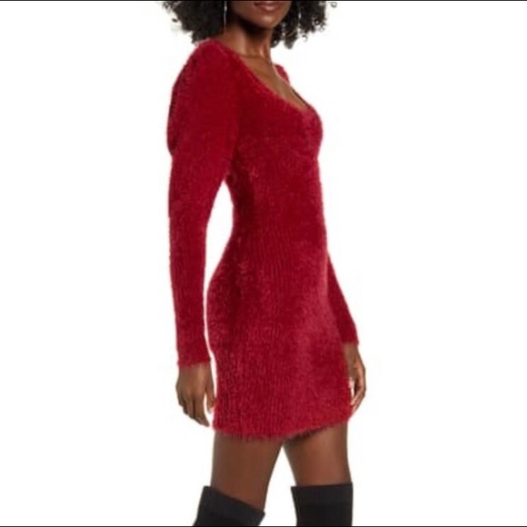 Red Fuzzy Puff Sleeve Mini Sweater Dress 🔥NWT - Picture 1 of 8